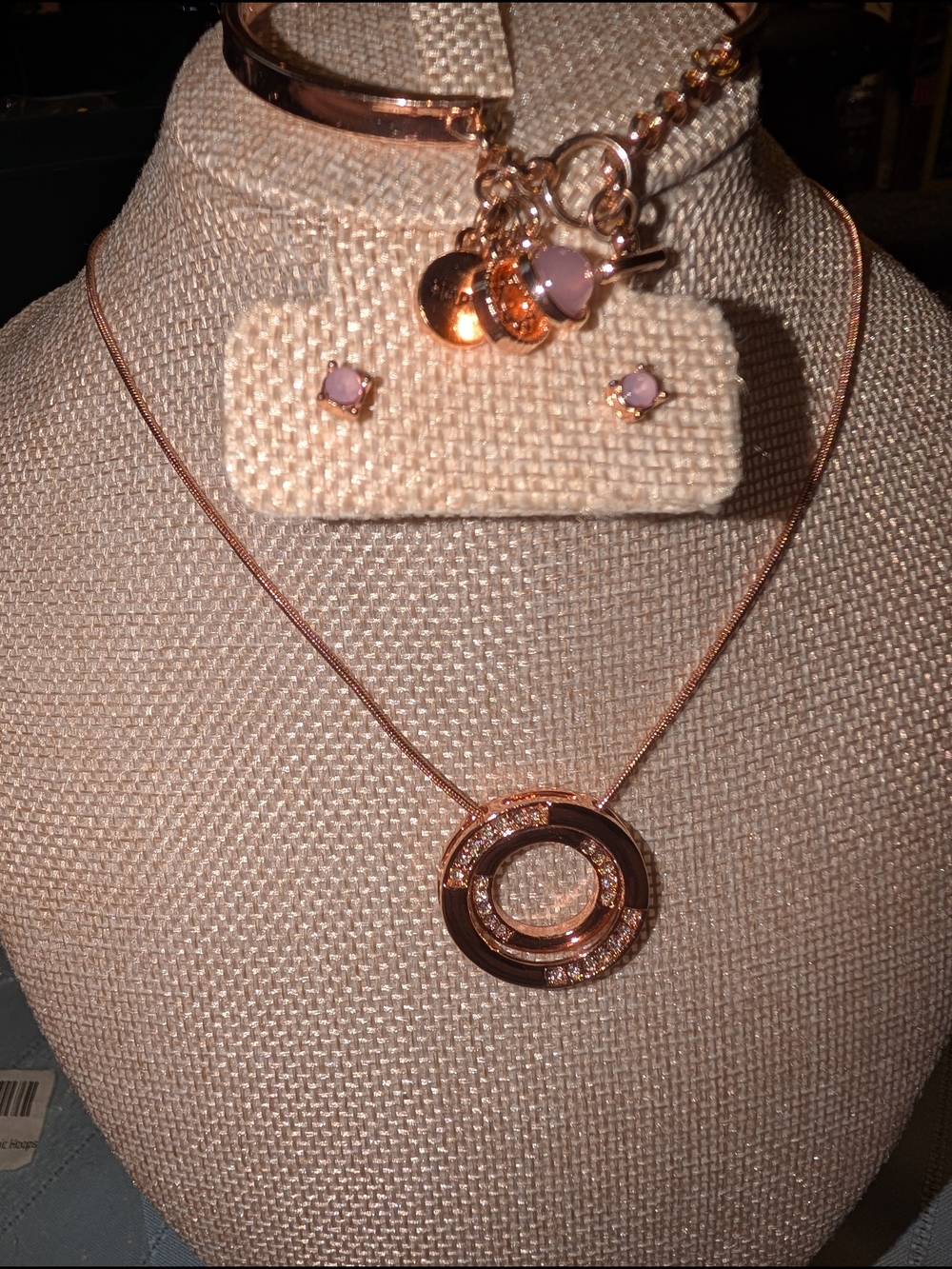 Rose Gold Tone Circle Pendant Necklace with Pink Stud Earrings And Bracelet